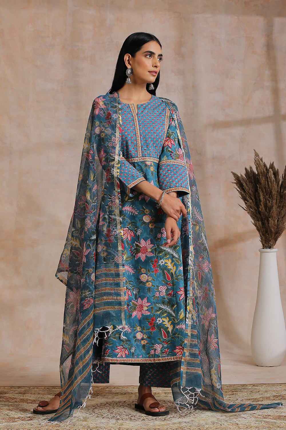 Blue Hand Block Printed Kota Doria Dupatta