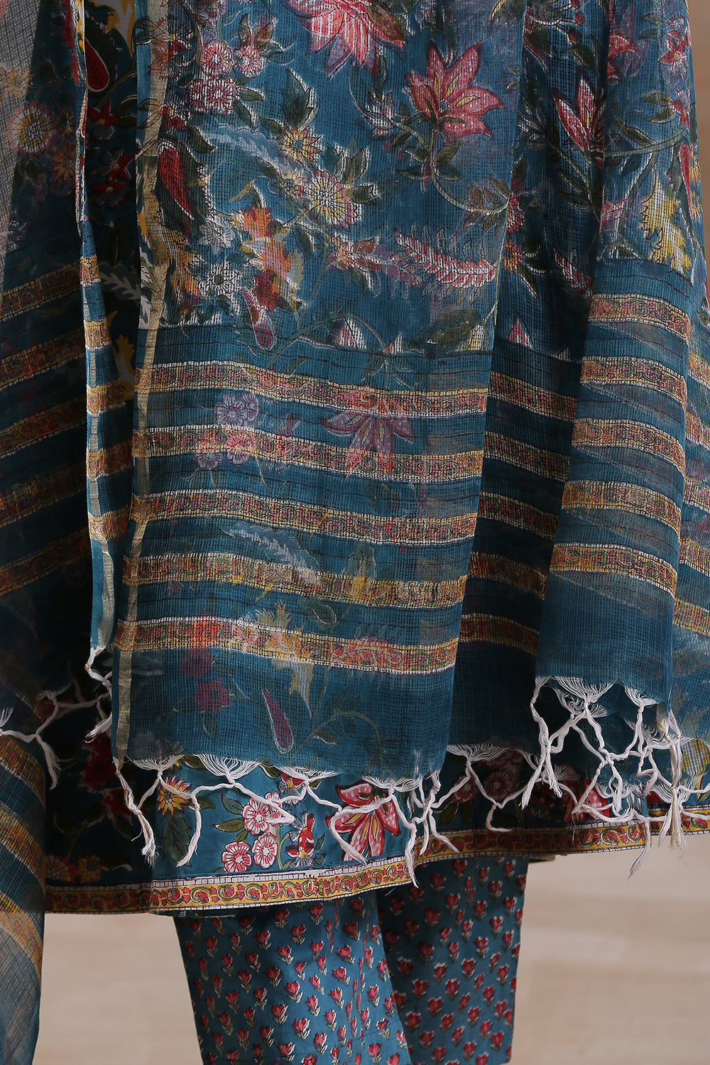 Blue Hand Block Printed Kota Doria Dupatta