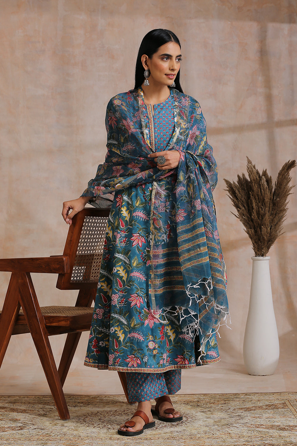 Blue Hand Block Printed 'A' Line Kurta