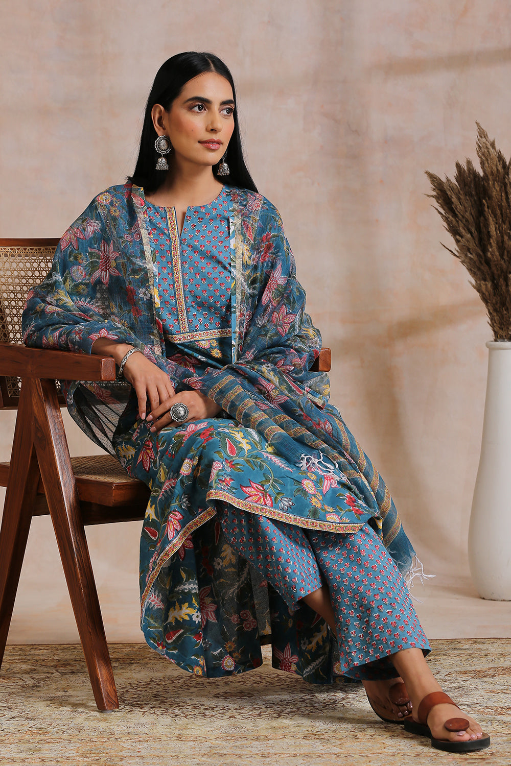 Blue Hand Block Printed 'A' Line Kurta