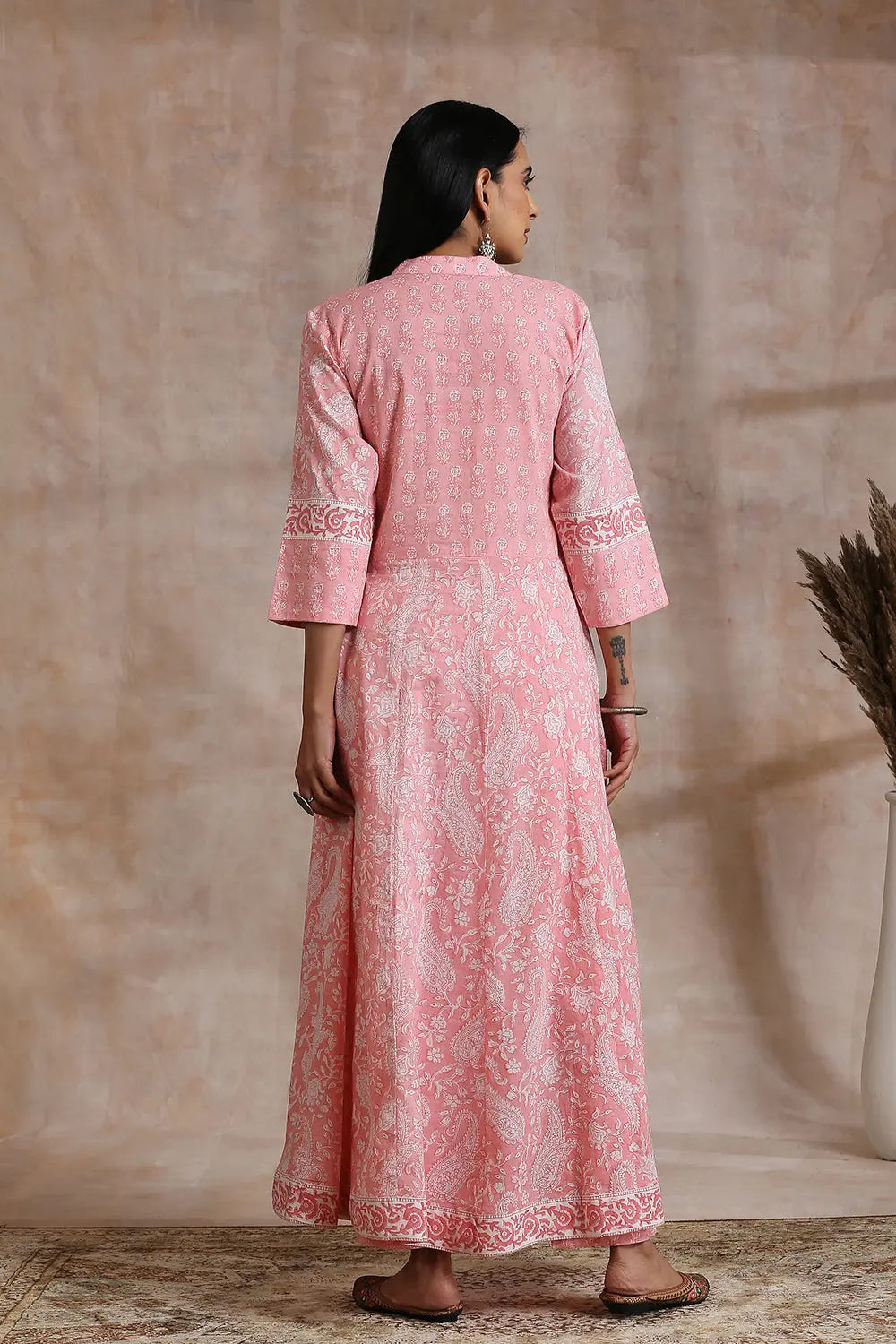 Pink Hand Block Printed 'A' Line Kurta