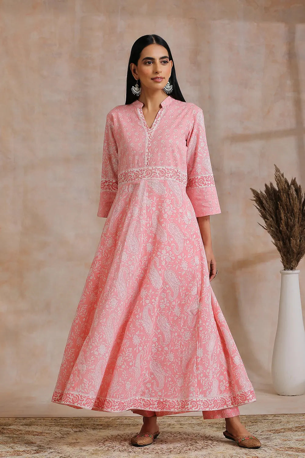 Pink Hand Block Printed 'A' Line Kurta