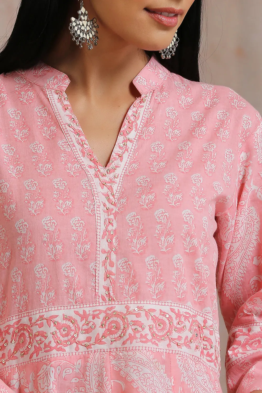 Pink Hand Block Printed 'A' Line Kurta