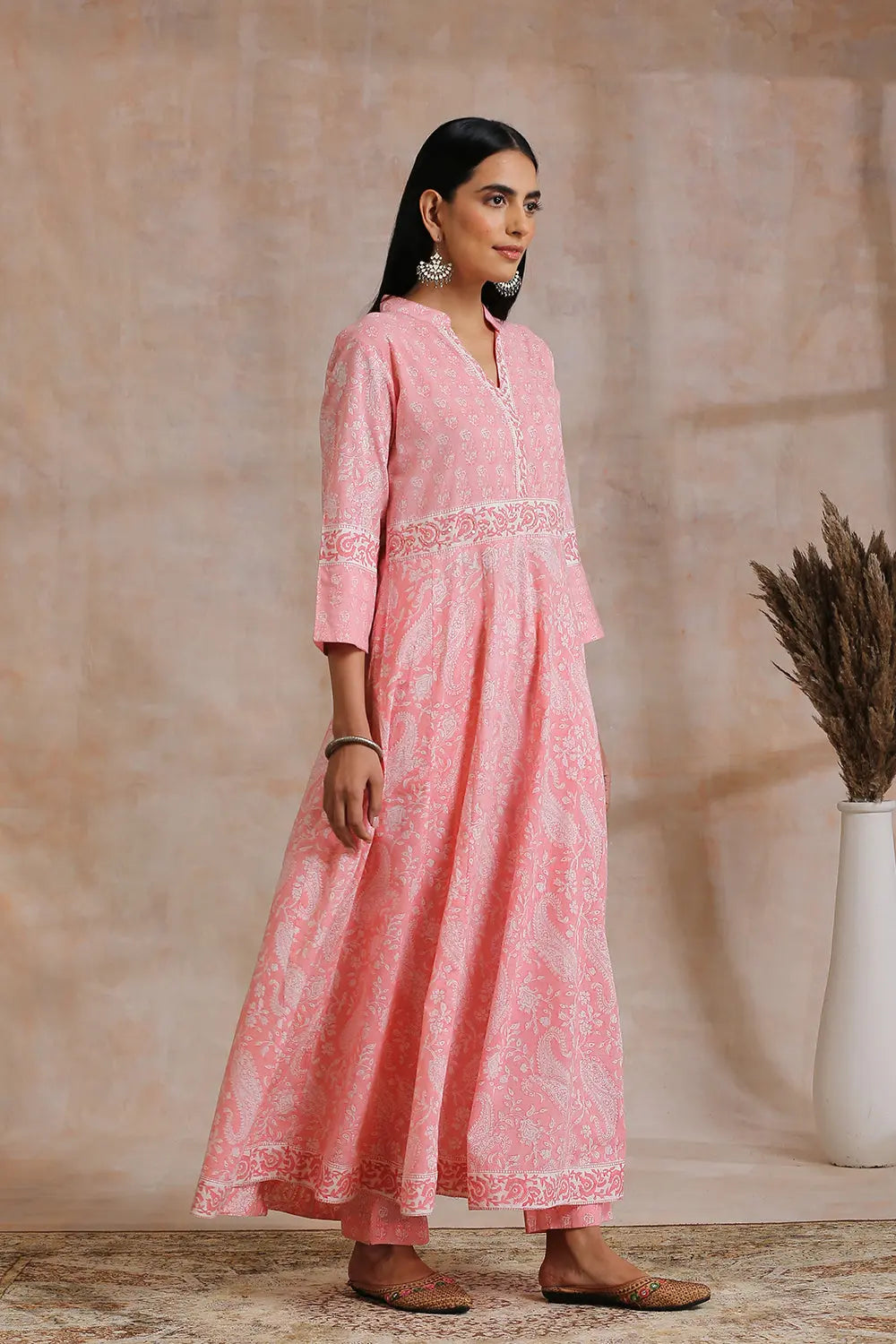 Pink Hand Block Printed 'A' Line Kurta