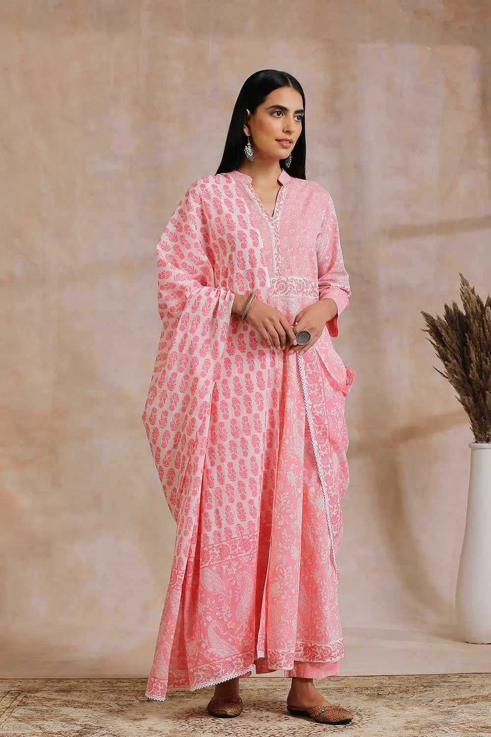 Pink Hand Block Printed 'A' Line Kurta