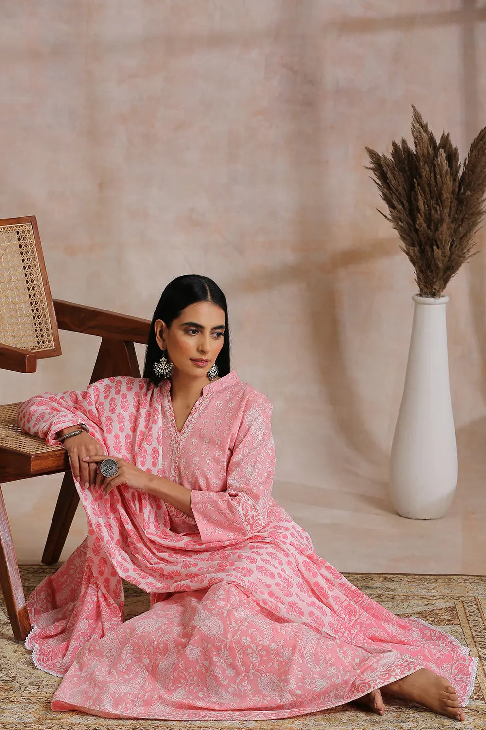 Pink Hand Block Printed 'A' Line Kurta