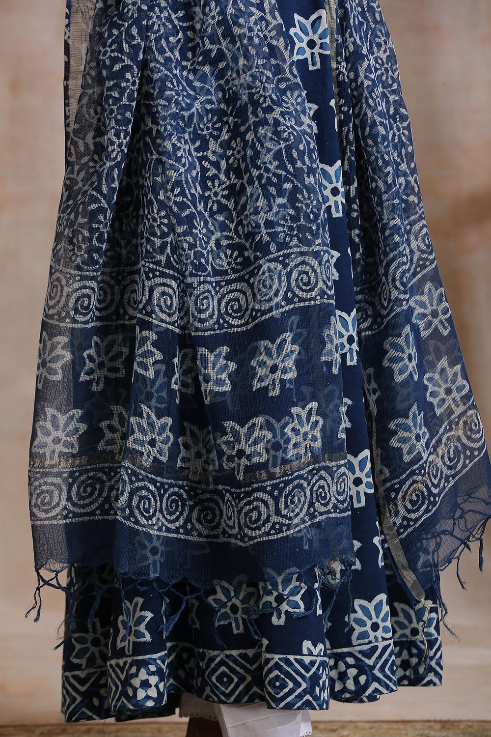 Indigo Blue Hand Block Printed Kota Doria Dupatta