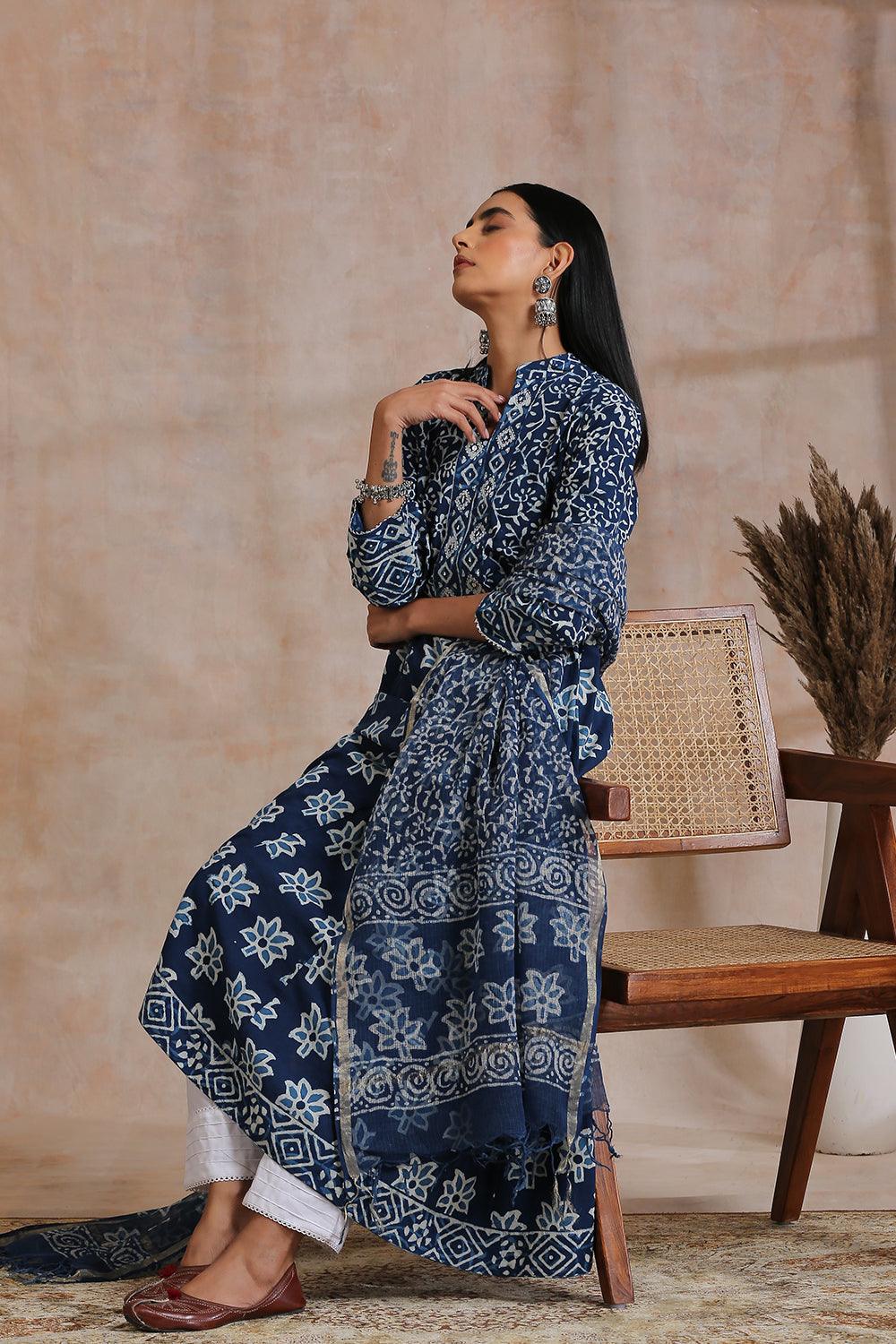 Indigo Blue Hand Block Printed Kota Doria Dupatta