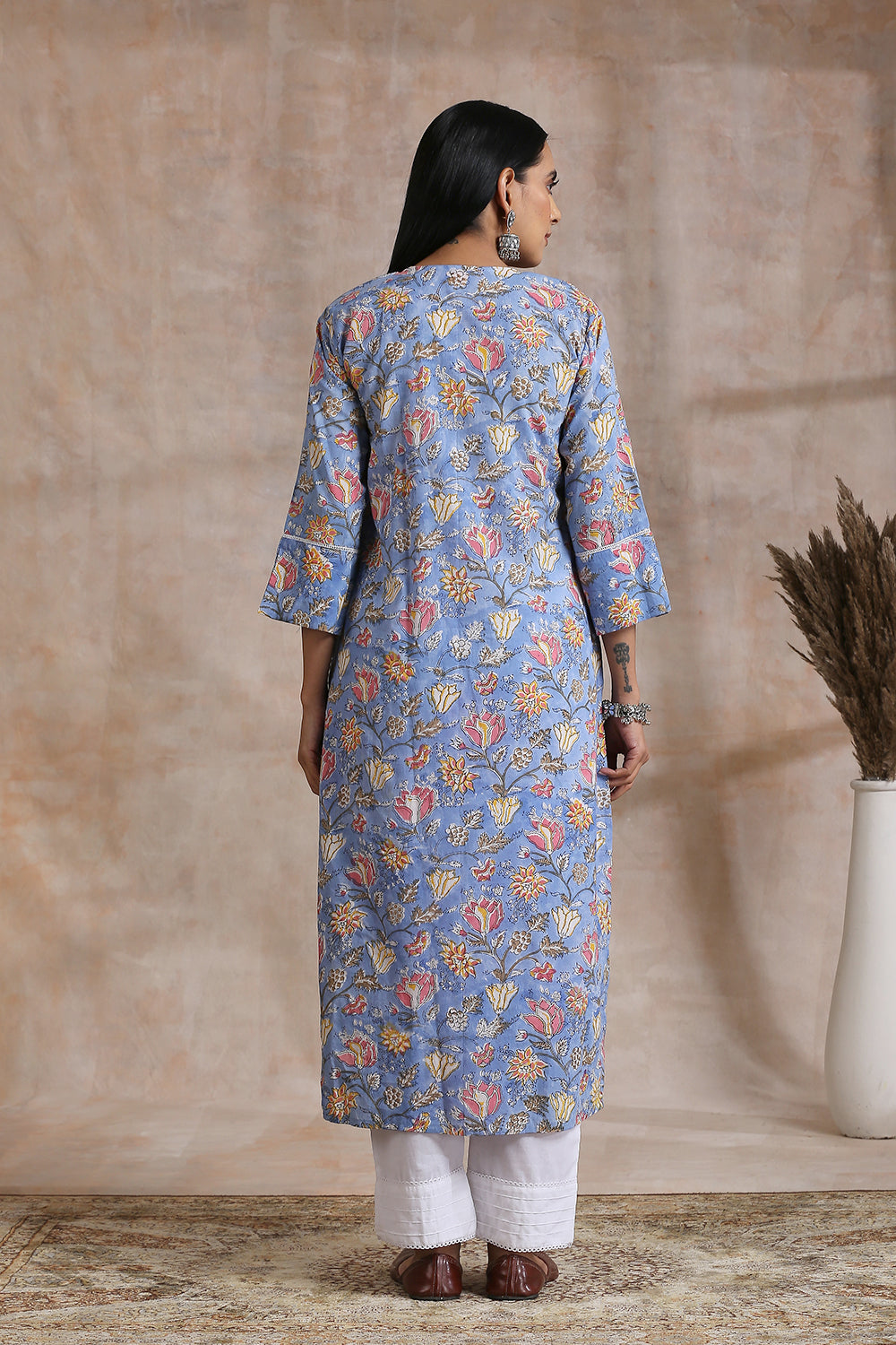 Blue/Pink Hand Block Printed Kurta