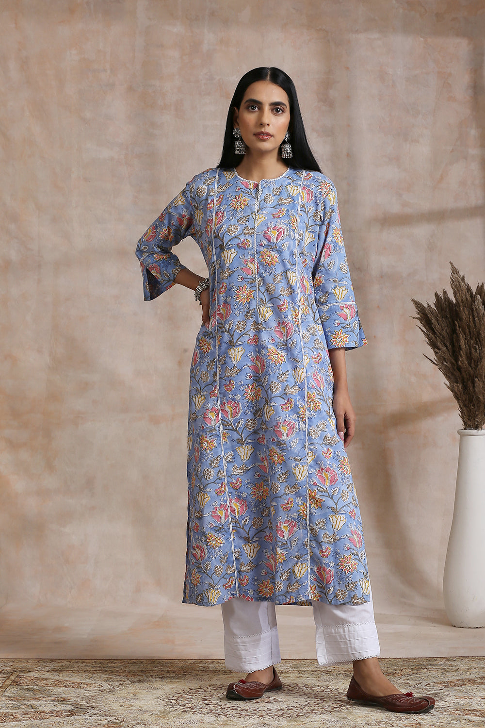 Blue/Pink Hand Block Printed Kurta