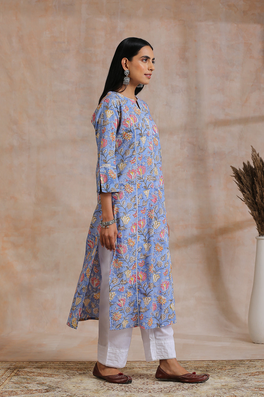 Blue/Pink Hand Block Printed Kurta