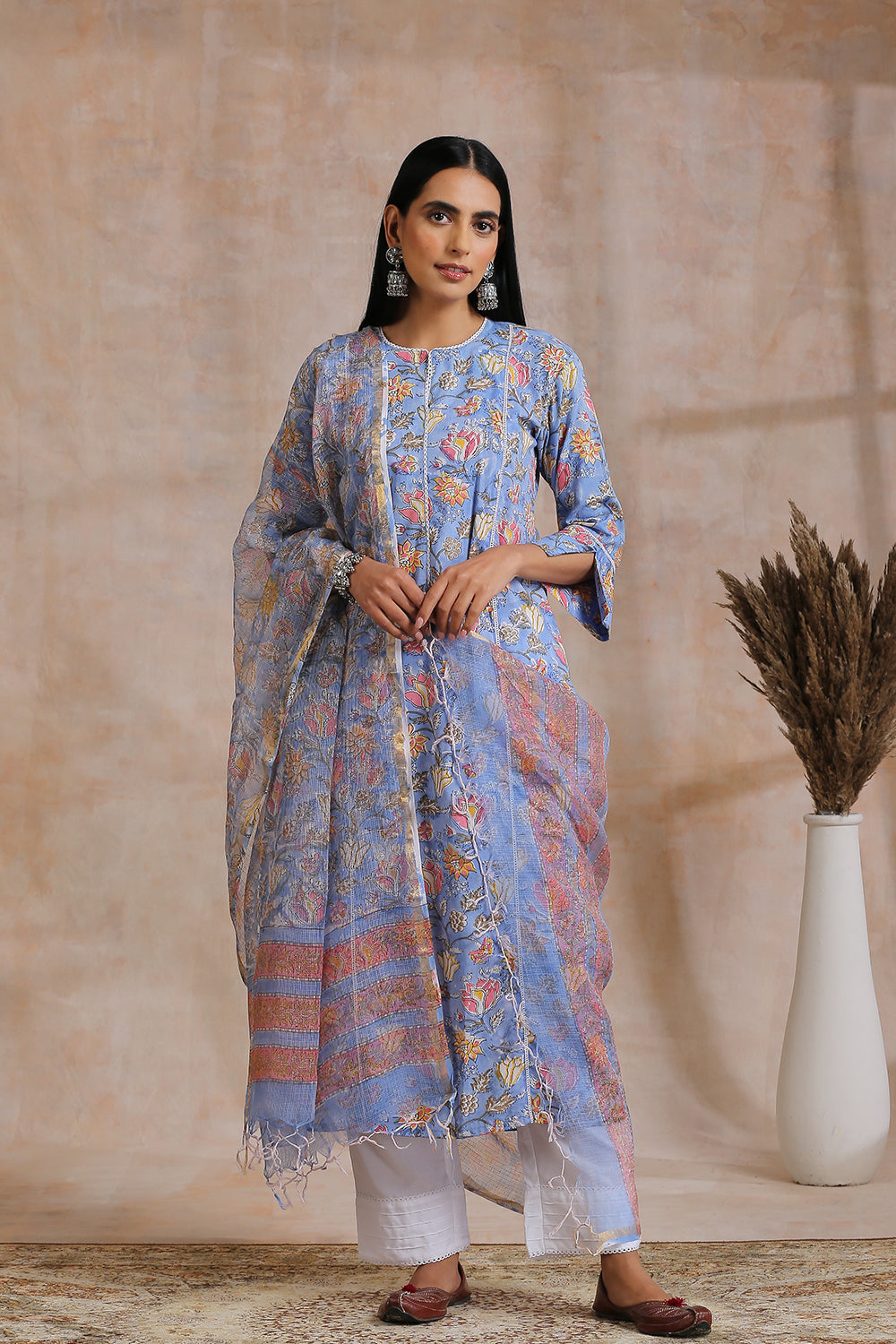 Blue/Pink Hand Block Printed Kurta