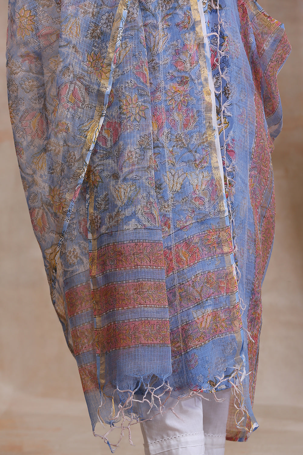 Blue/Pink Hand Block Printed Kota Doria Dupatta