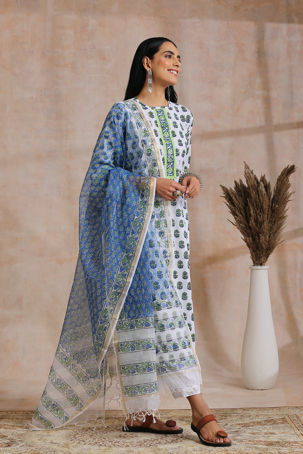 Blue/Green Hand Block Printed Kota Doria Dupatta