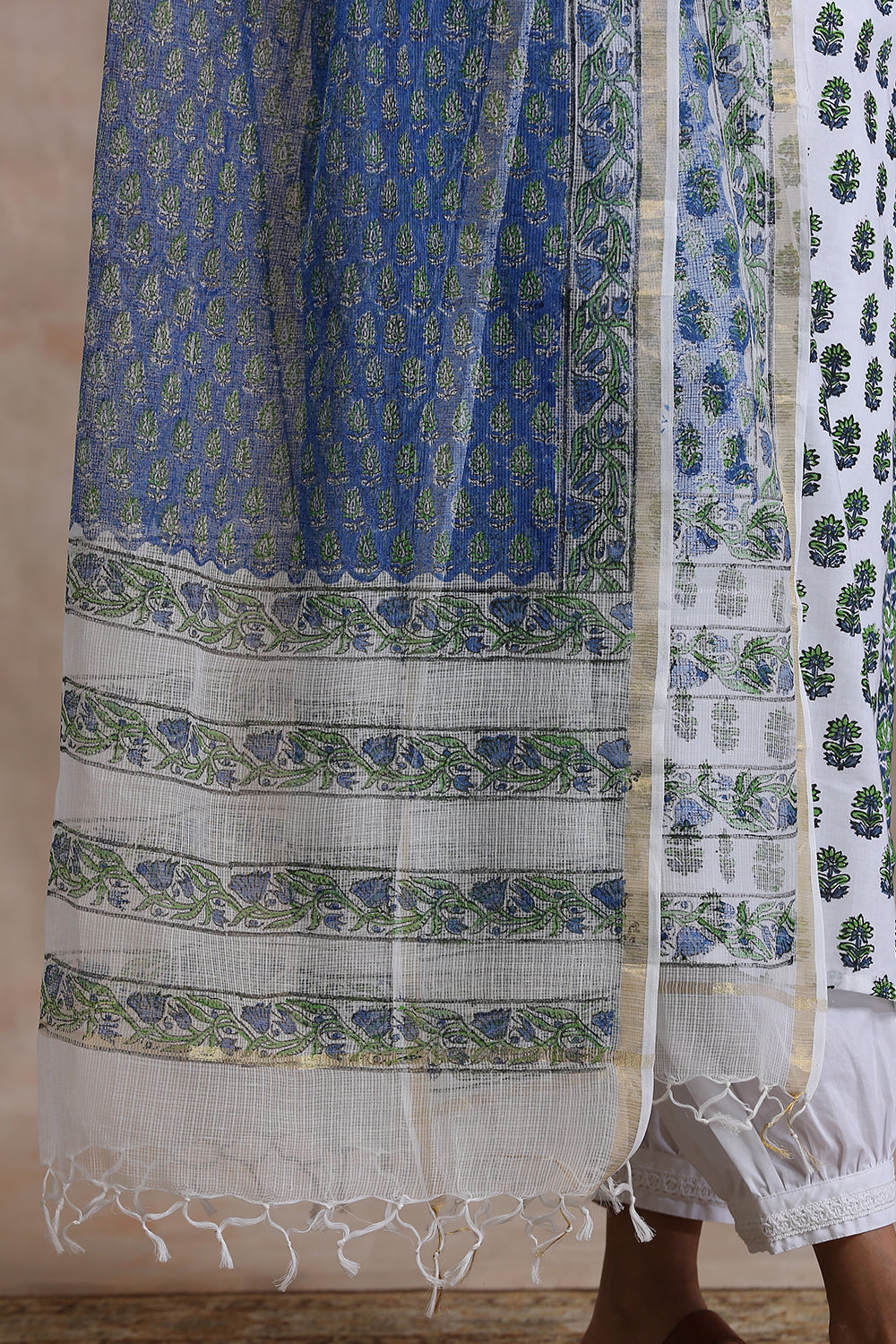 Blue/Green Hand Block Printed Kota Doria Dupatta