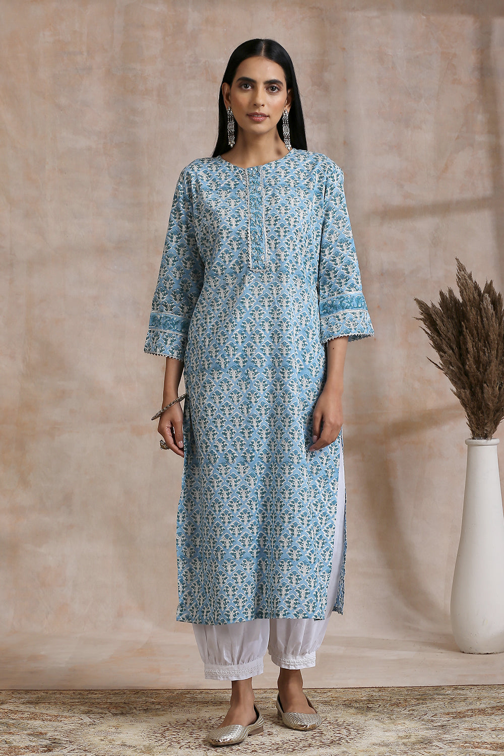 Sky Blue Hand Block Printed Kurta