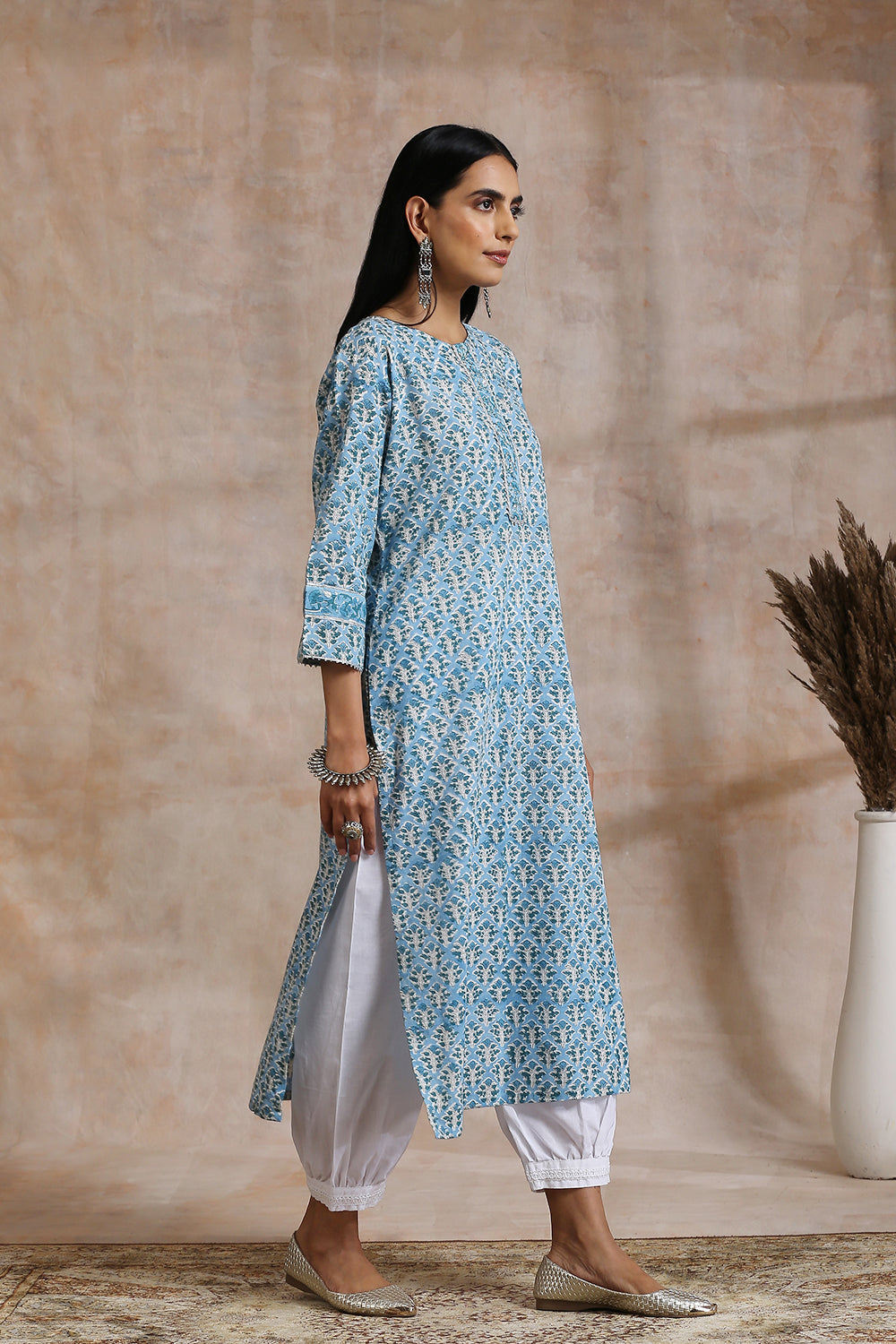 Sky Blue Hand Block Printed Kurta