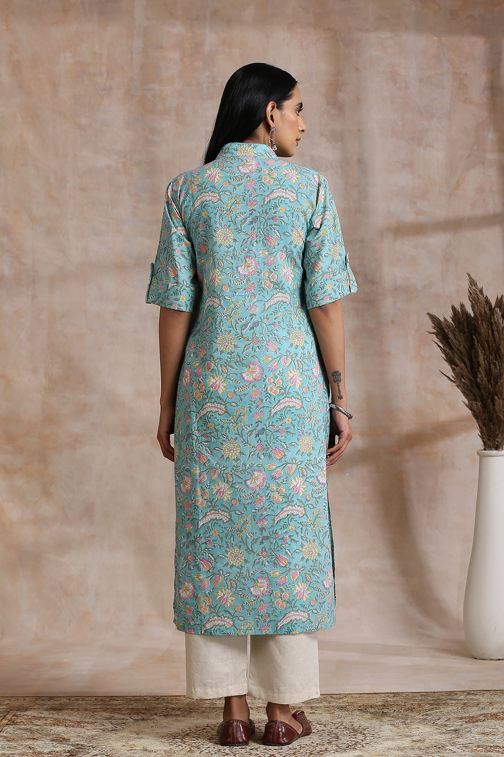 Teal Blue Hand Block Half Sleeves Printed Kurta