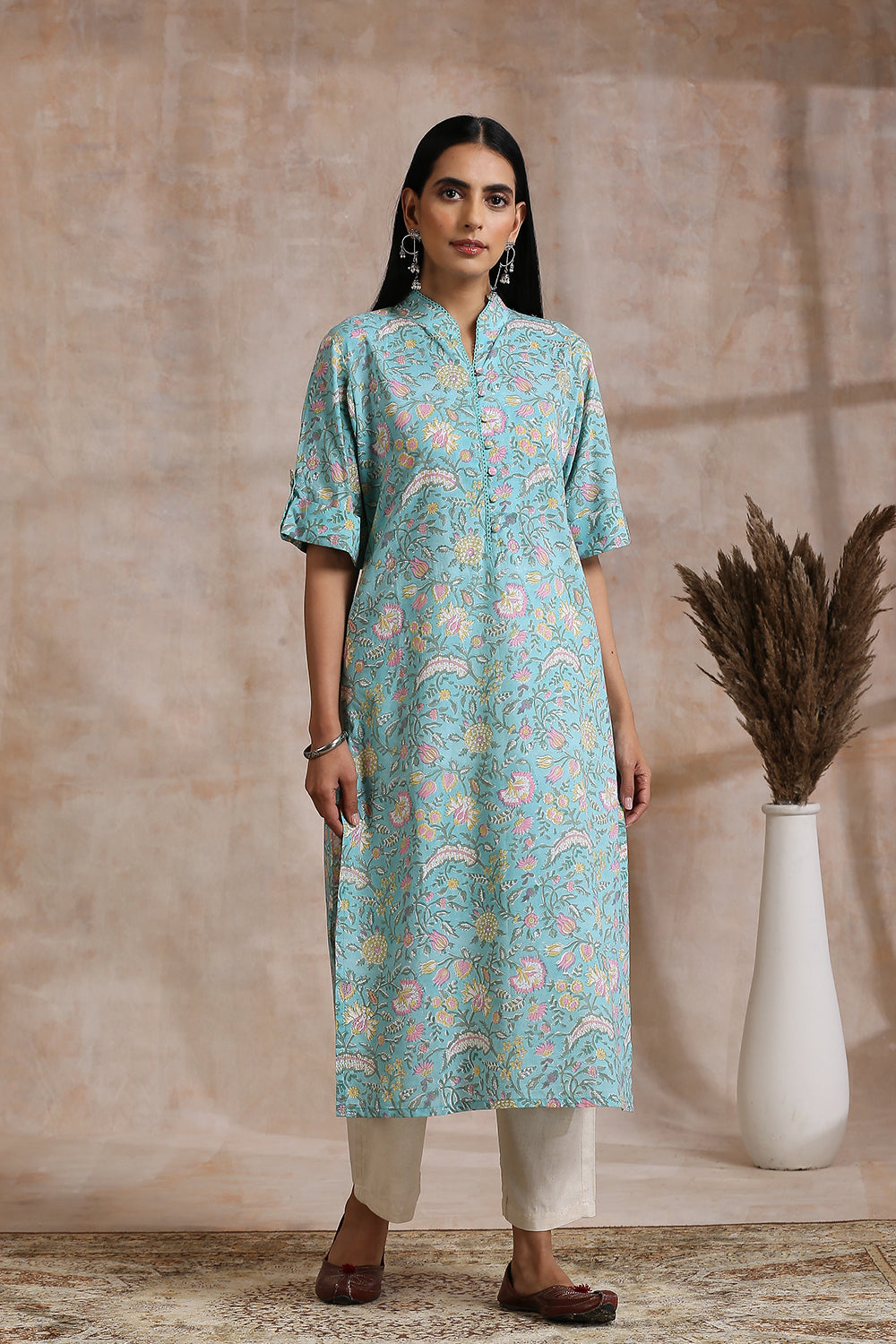 Teal Blue Hand Block Half Sleeves Printed Kurta