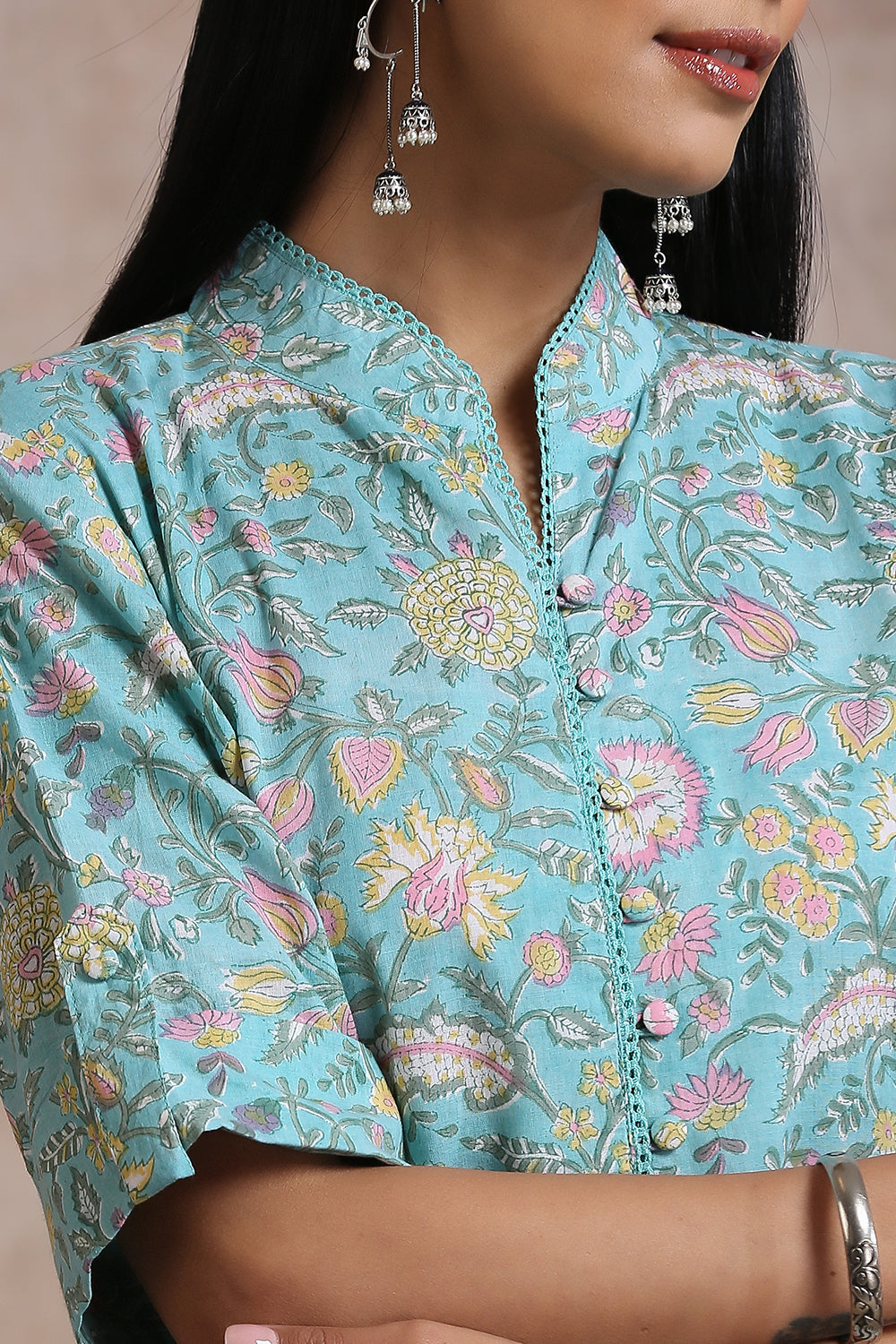 Teal Blue Hand Block Half Sleeves Printed Kurta