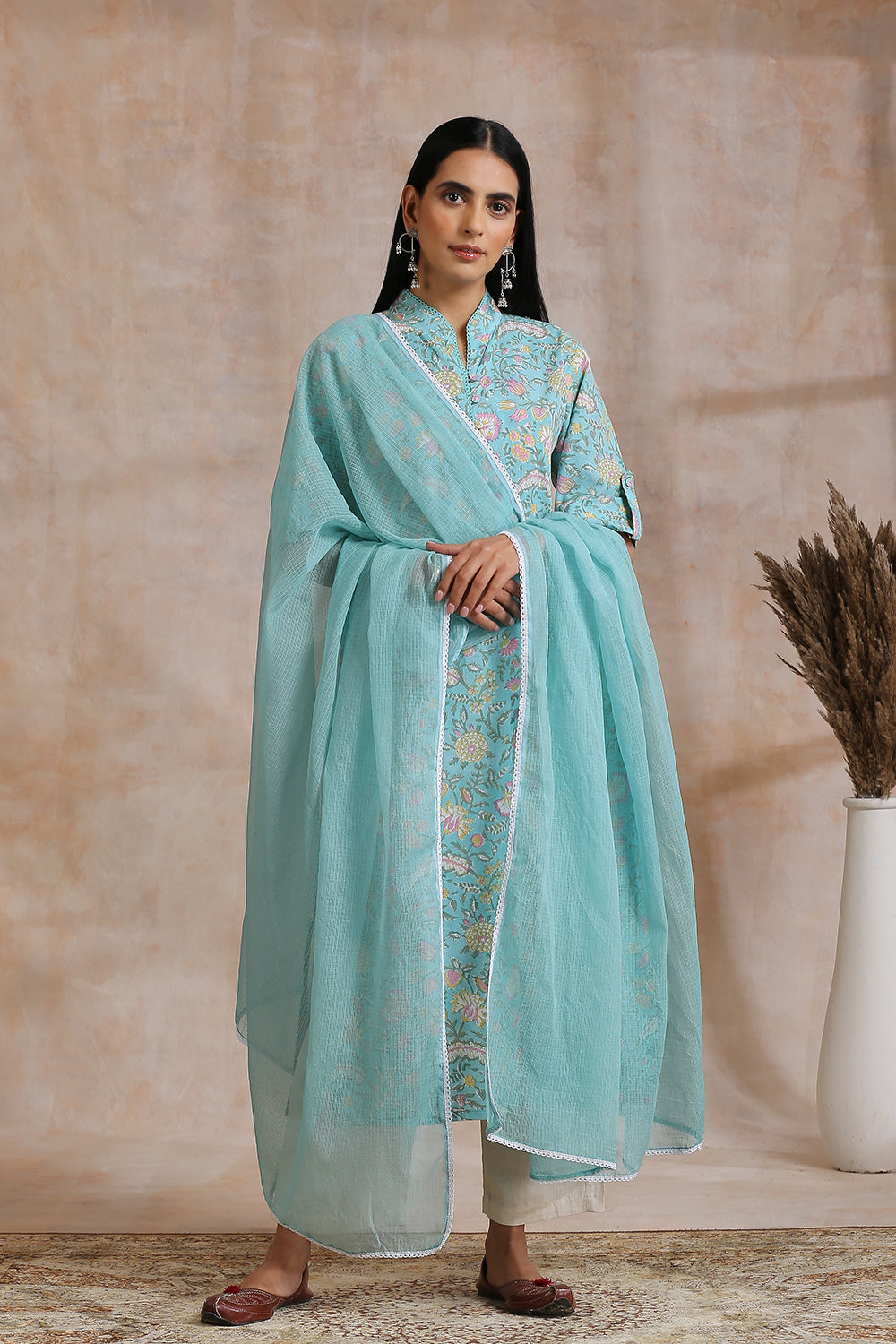 Teal Blue Hand Block Half Sleeves Printed Kurta