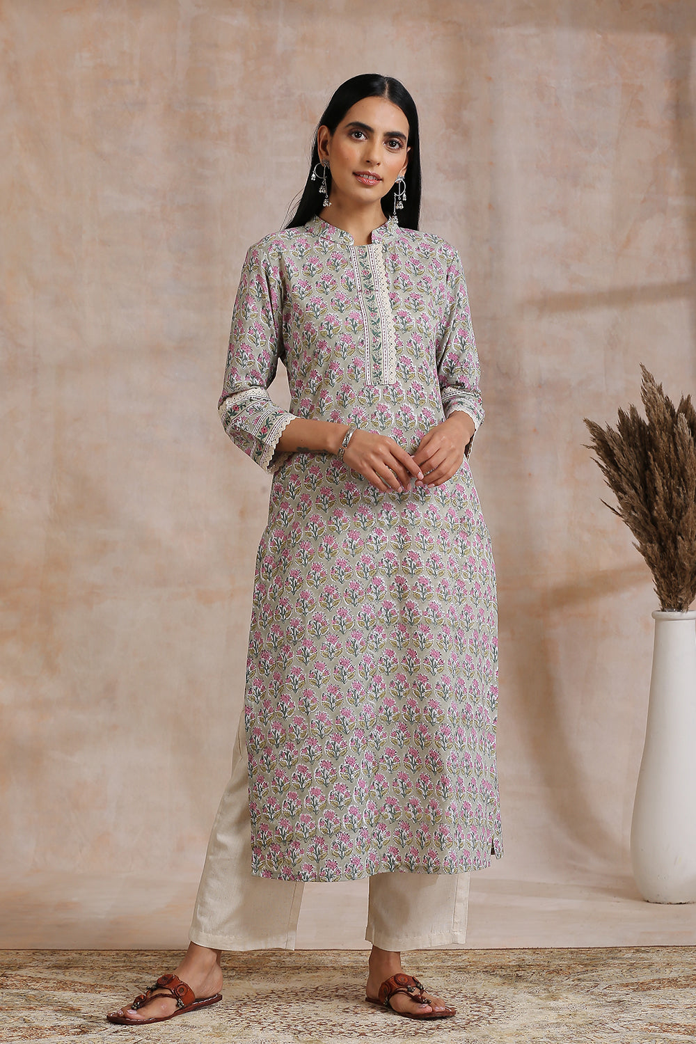 Olive Green / Pink Hand Block Printed Kurta