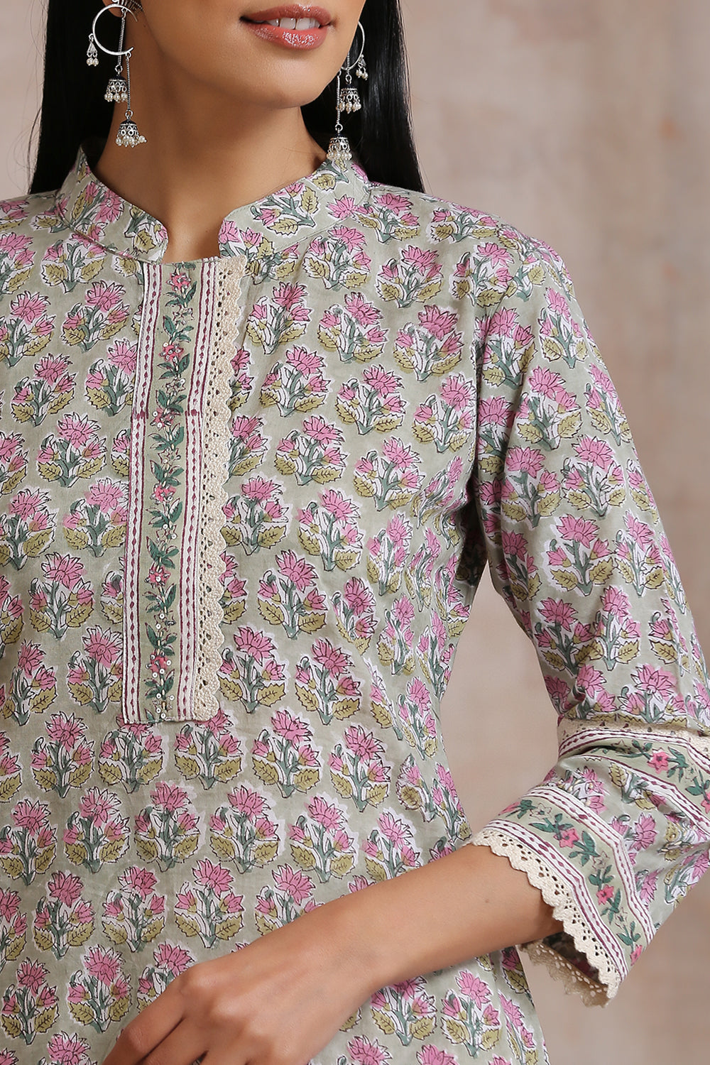 Olive Green / Pink Hand Block Printed Kurta