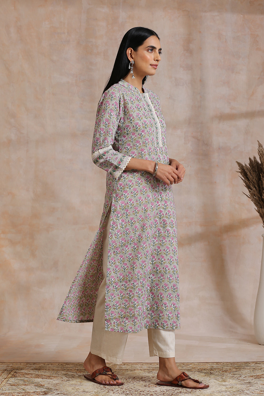 Olive Green / Pink Hand Block Printed Kurta