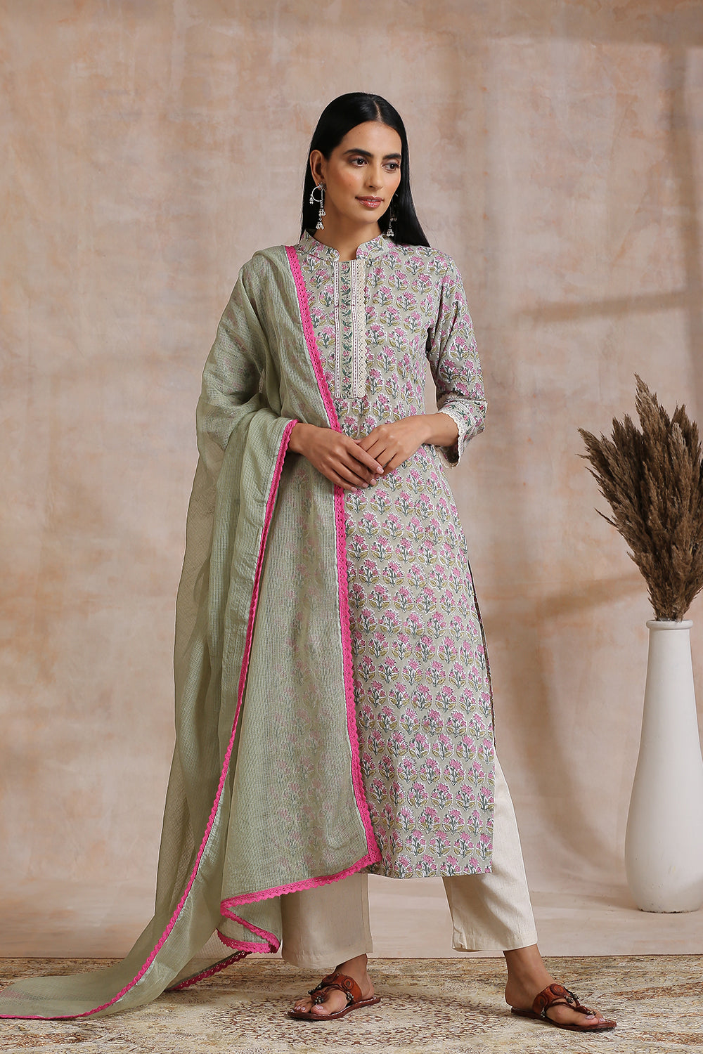 Olive Green / Pink Hand Block Printed Kurta