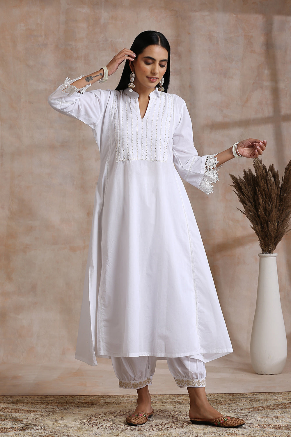 White 'A' Line Cotton Kurta