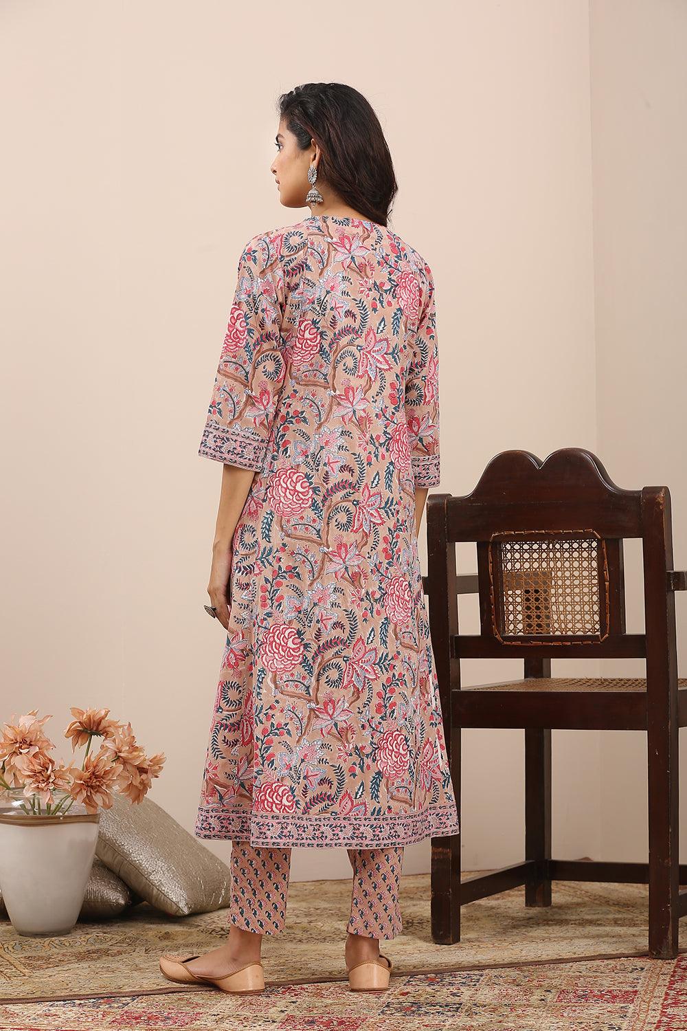 Brown Pink Hand Block Printed A Line Kurta