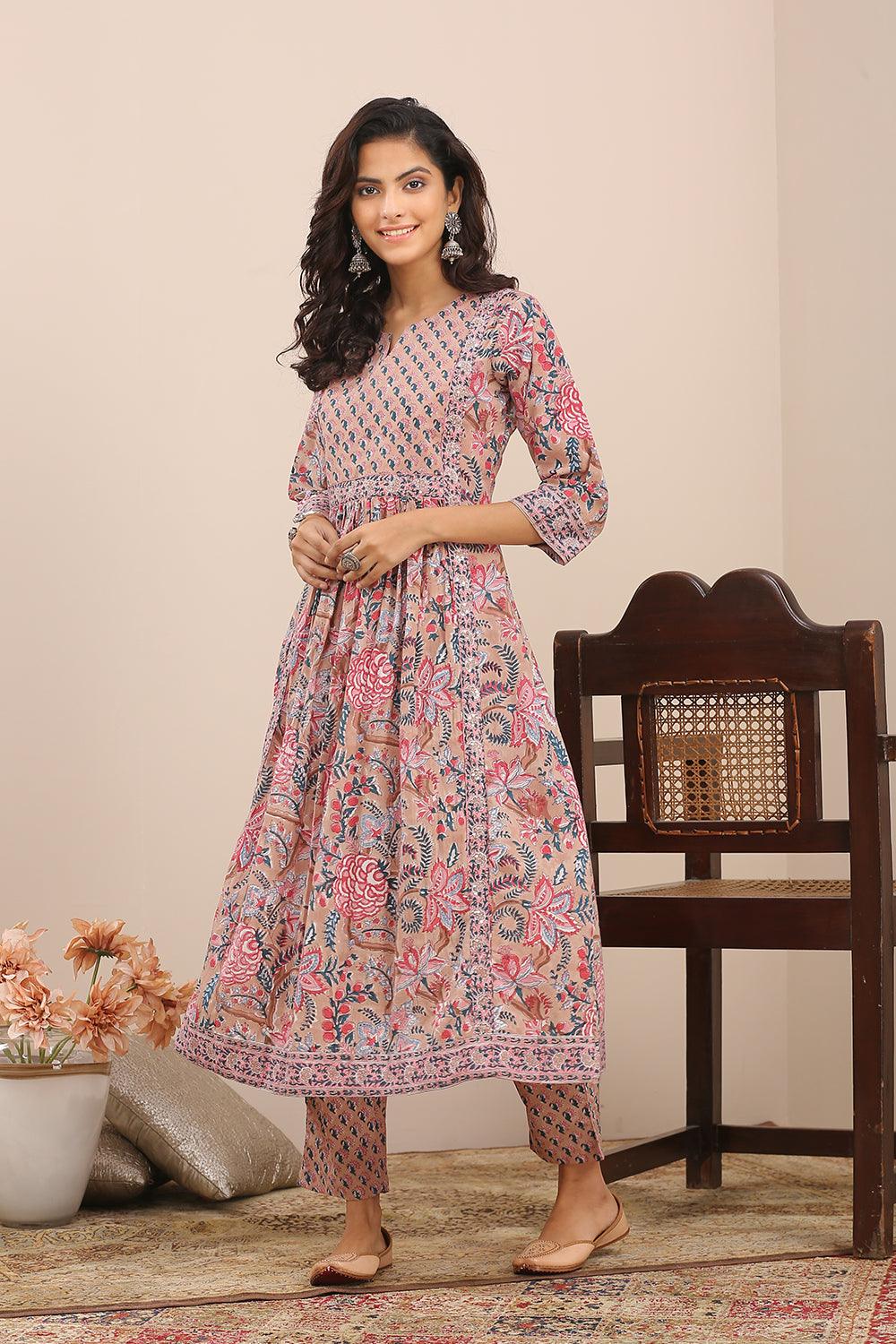 Brown Pink Hand Block Printed A Line Kurta