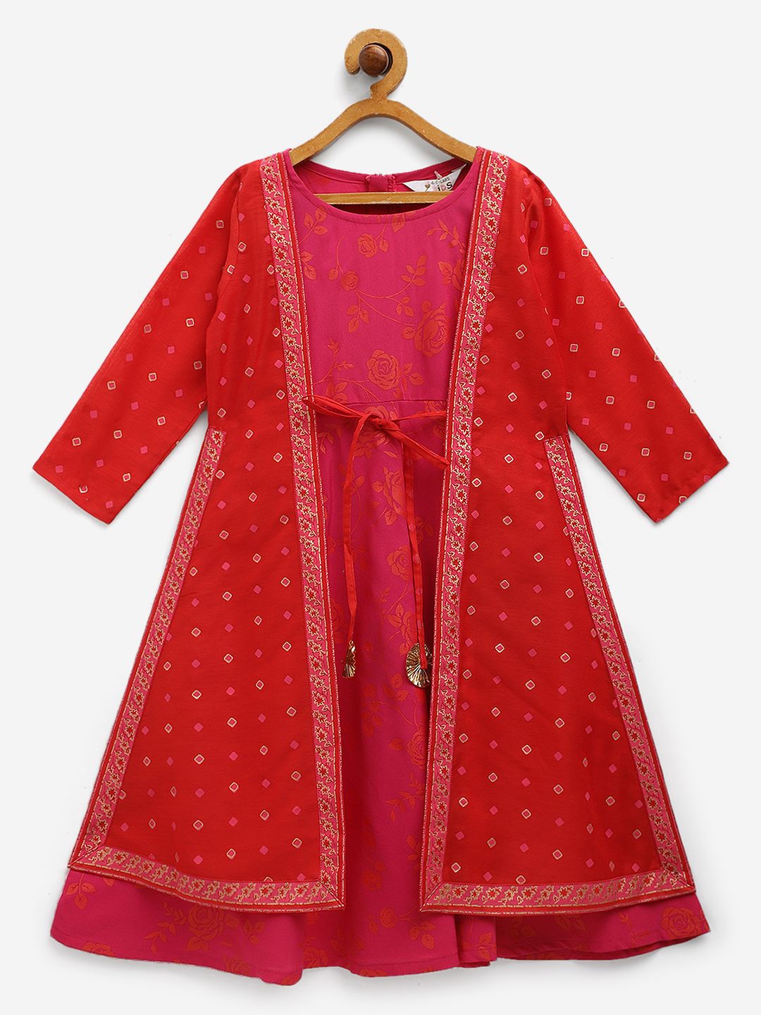 Dark Pink Crepe Printed Girls Dress with Attached Jacket