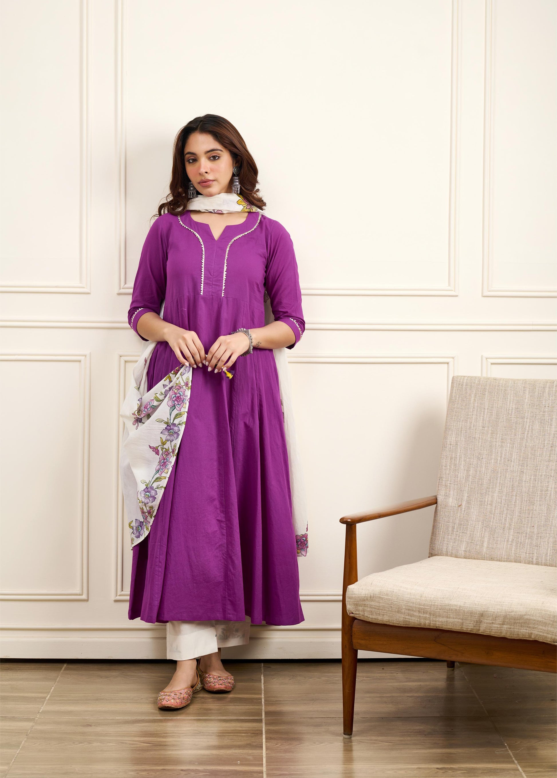 Gul Purple Cotton Kalidar Gota Kurta with Off White Hand Block Printed Palazzo and Mulmul Dupatta- Set of 3