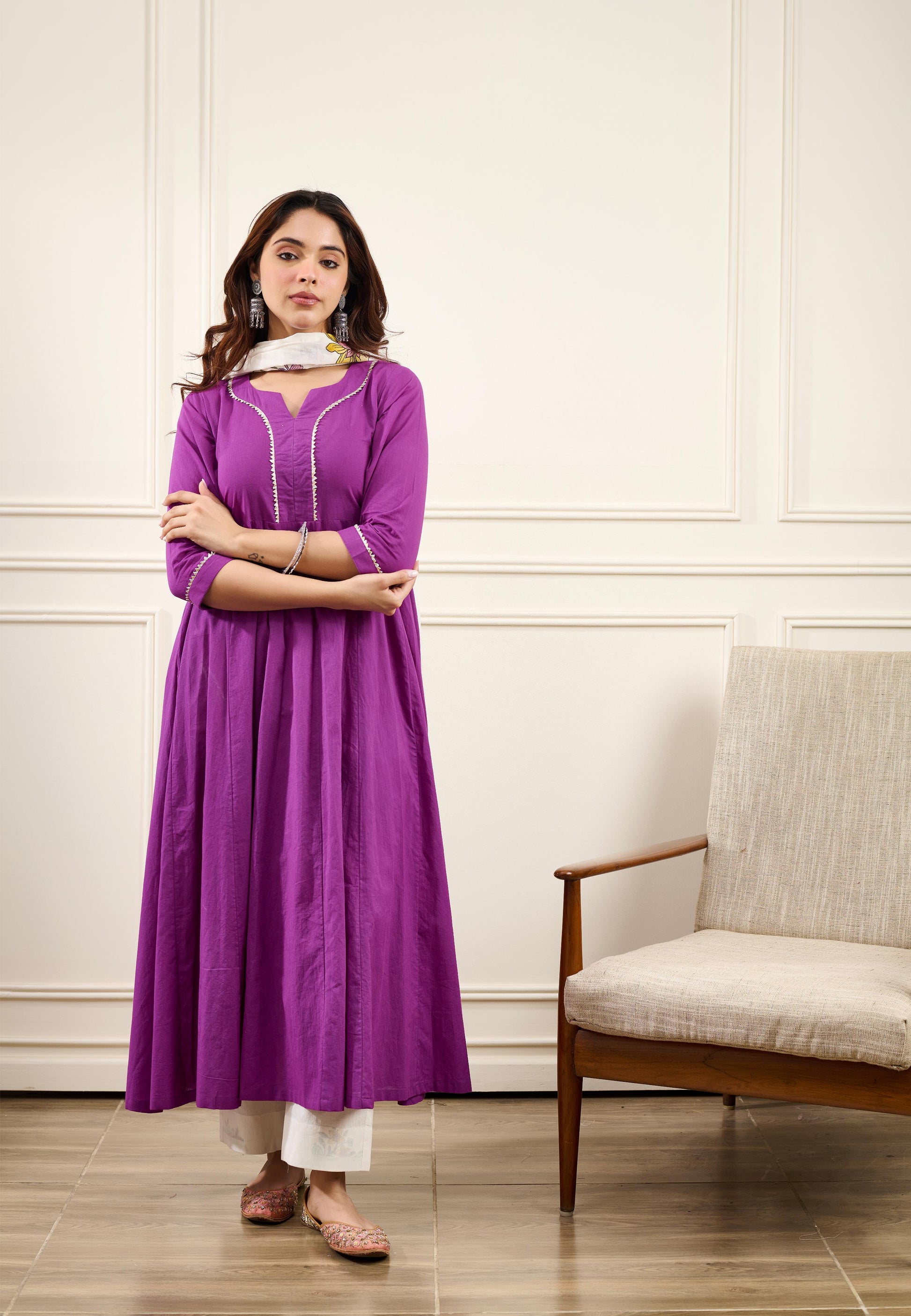 Gul Purple Cotton Kalidar Gota Kurta with Off White Hand Block Printed Palazzo and Mulmul Dupatta- Set of 3