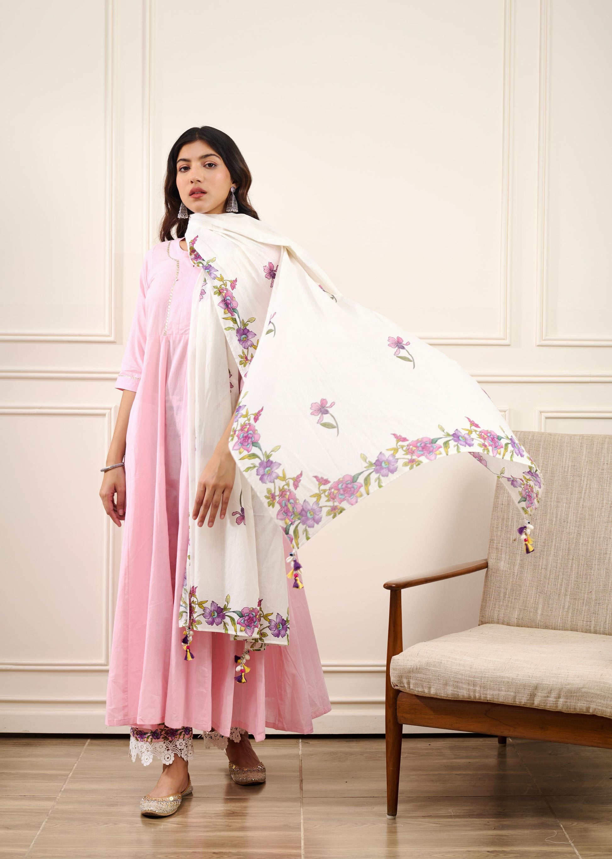 Gul Pink Cotton Kalidar Gota Kurta with Off White Hand Block Printed Palazzo and Mulmul Dupatta- Set of 3