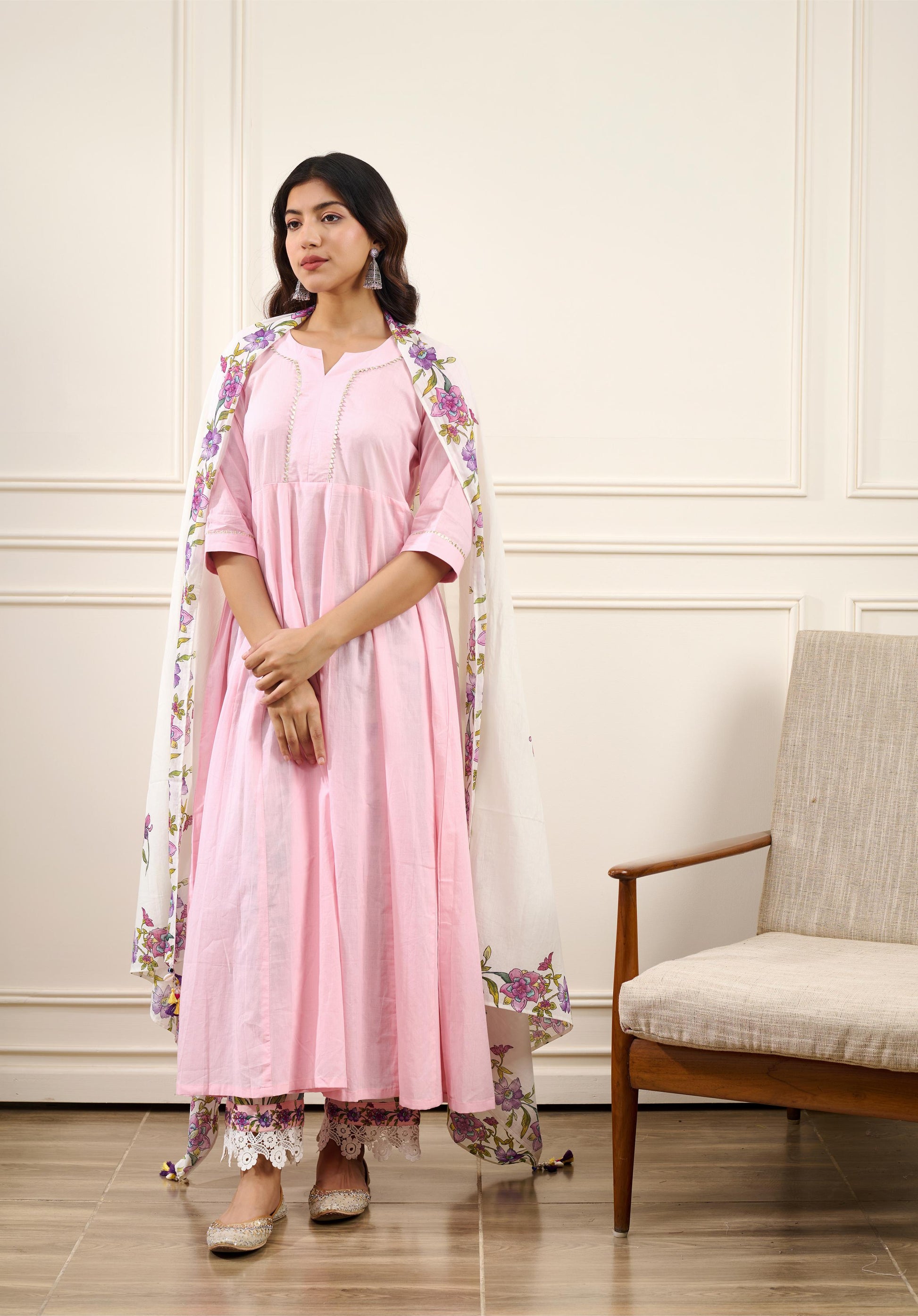 Gul Pink Cotton Kalidar Gota Kurta with Off White Hand Block Printed Palazzo and Mulmul Dupatta- Set of 3