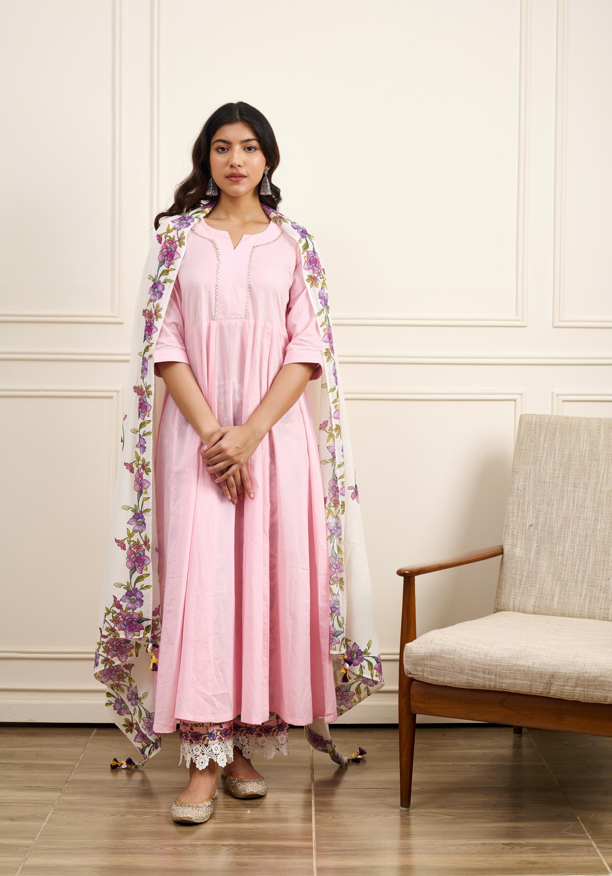 Gul Pink Cotton Kalidar Gota Kurta with Off White Hand Block Printed Palazzo and Mulmul Dupatta- Set of 3