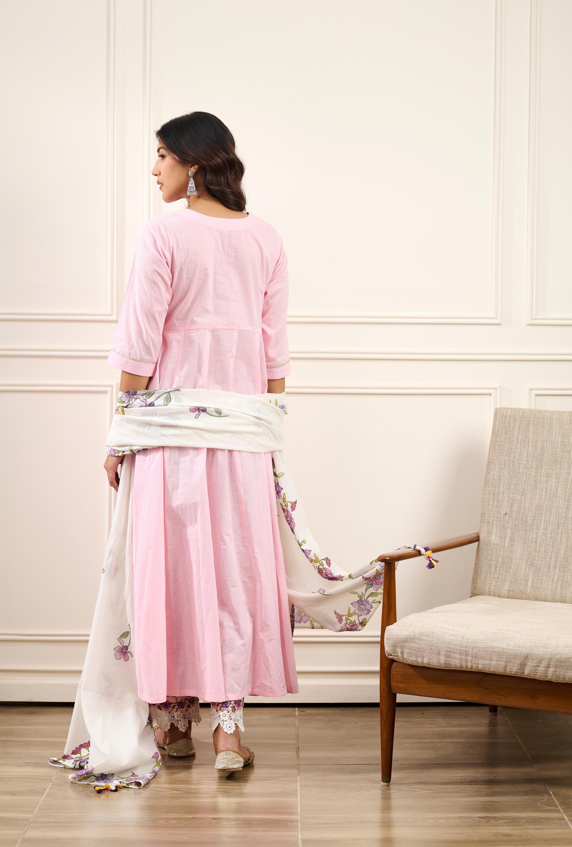Gul Pink Cotton Kalidar Gota Kurta with Off White Hand Block Printed Palazzo and Mulmul Dupatta- Set of 3