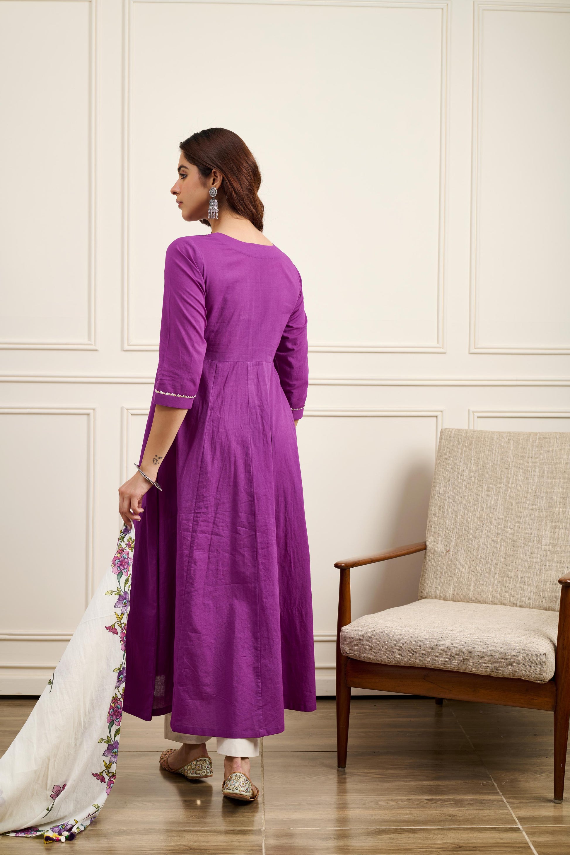 Gul Purple Cotton Kalidar Gota Kurta with Off White Hand Block Printed Palazzo and Mulmul Dupatta- Set of 3