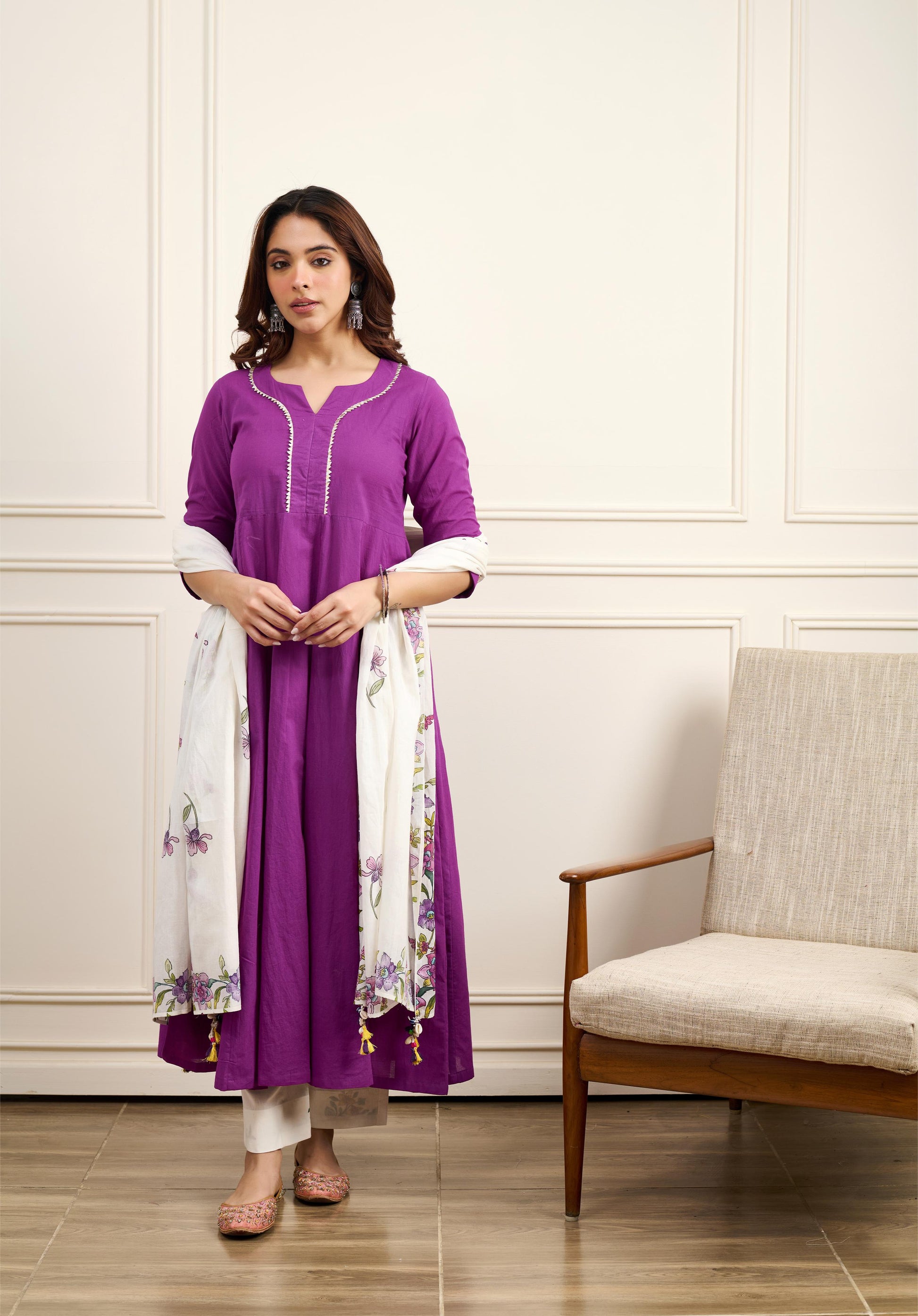 Gul Purple Cotton Kalidar Gota Kurta with Off White Hand Block Printed Palazzo and Mulmul Dupatta- Set of 3