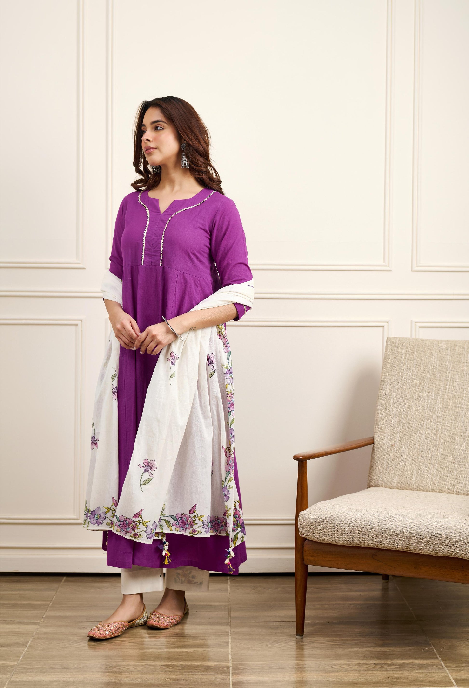 Gul Purple Cotton Kalidar Gota Kurta with Off White Hand Block Printed Palazzo and Mulmul Dupatta- Set of 3