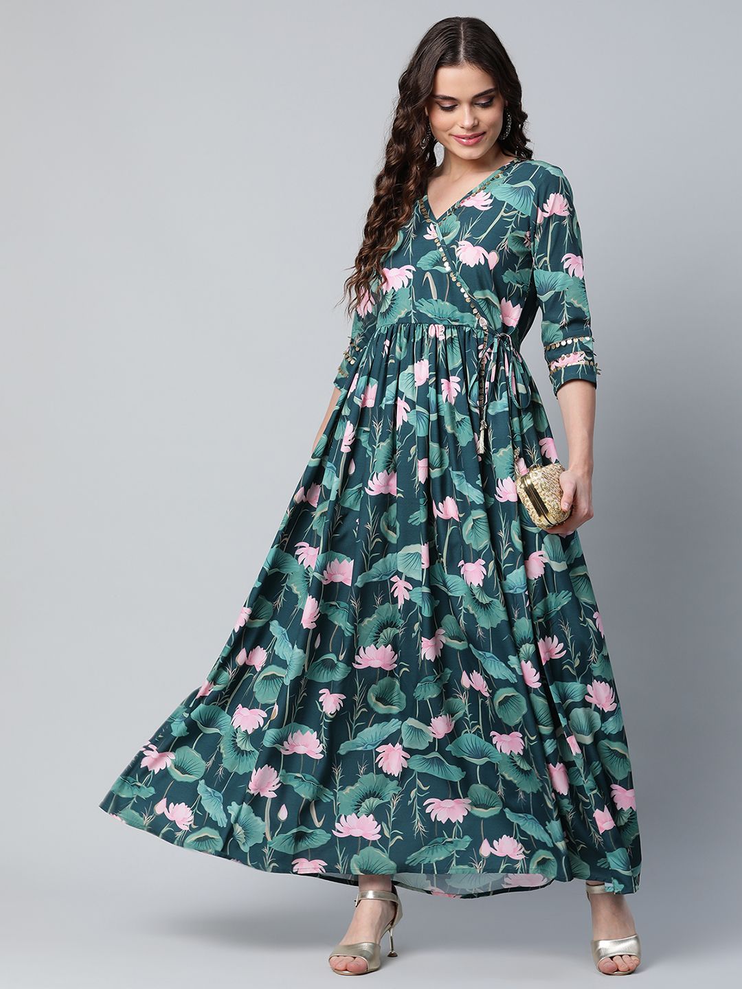 Dark Green Digital Print Flared Dress