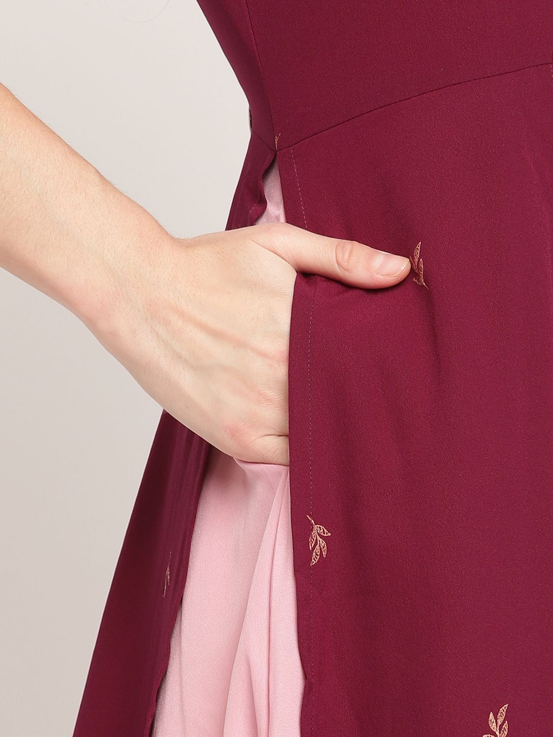 Wine Crepe Glitter Print Dress