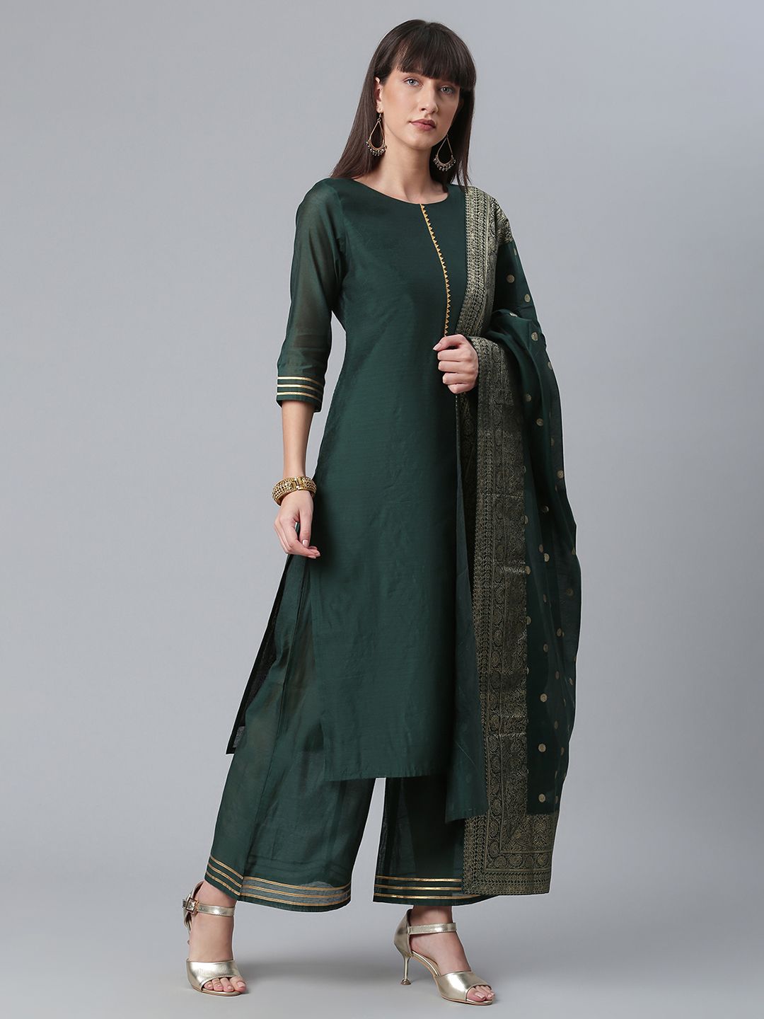 Dark Green Chanderi Solid Kurta With Palazzo And Dupatta Set