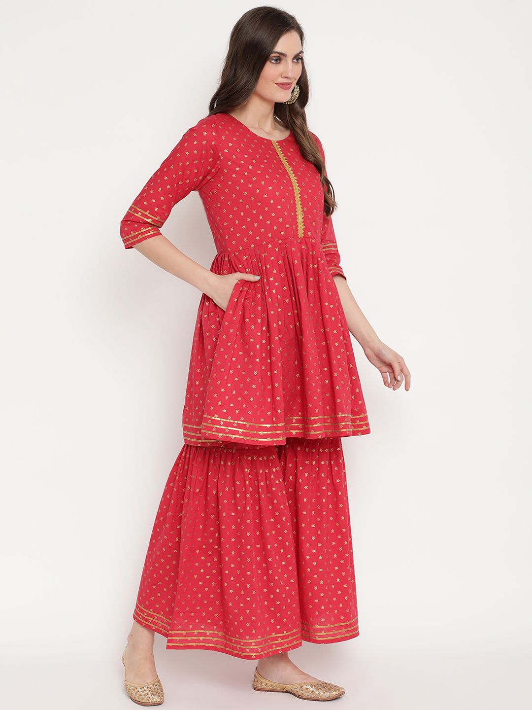 Women's Red Pure Cotton Gold Print Sharara Set