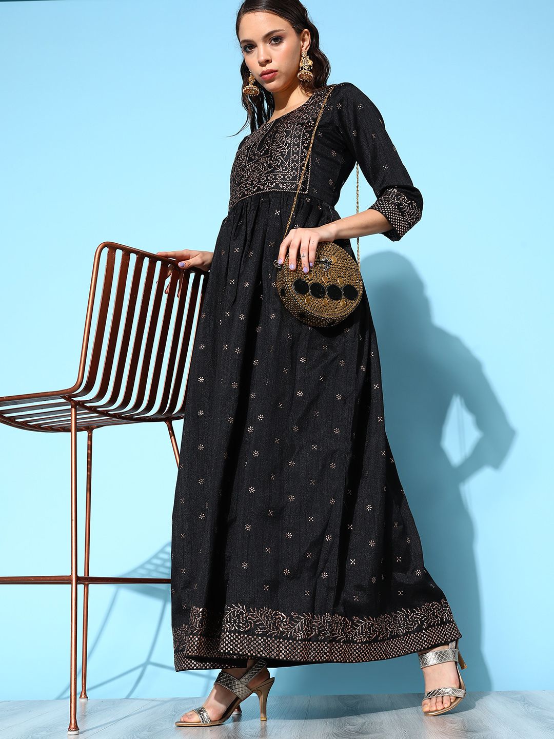 Black Poly Silk Printed Dress