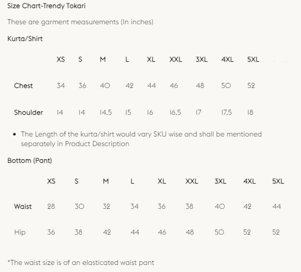 Trendy Tokari kurta_shirt Size Chart