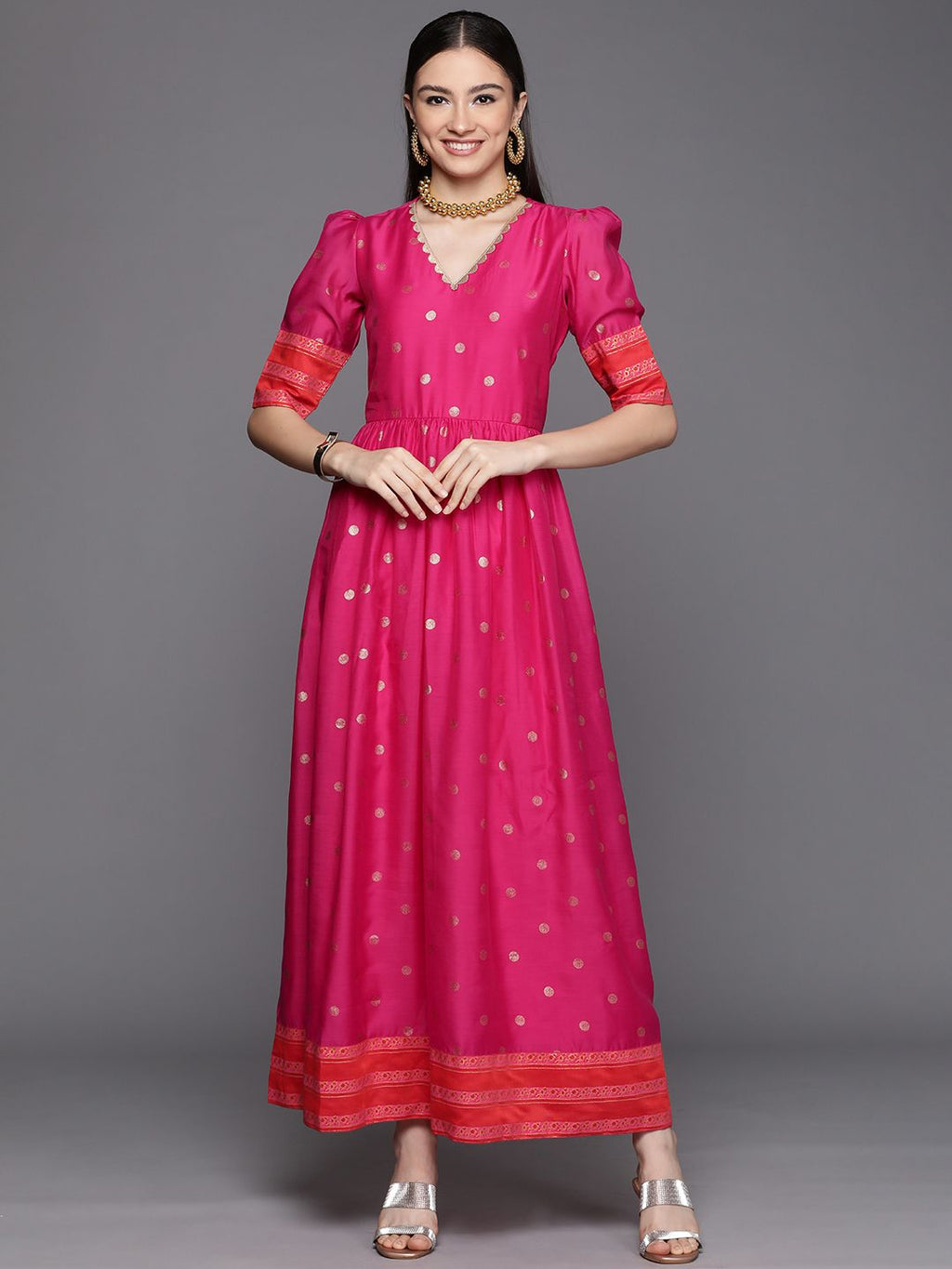 Pink Chanderi Gold Foil Print Dress-AH