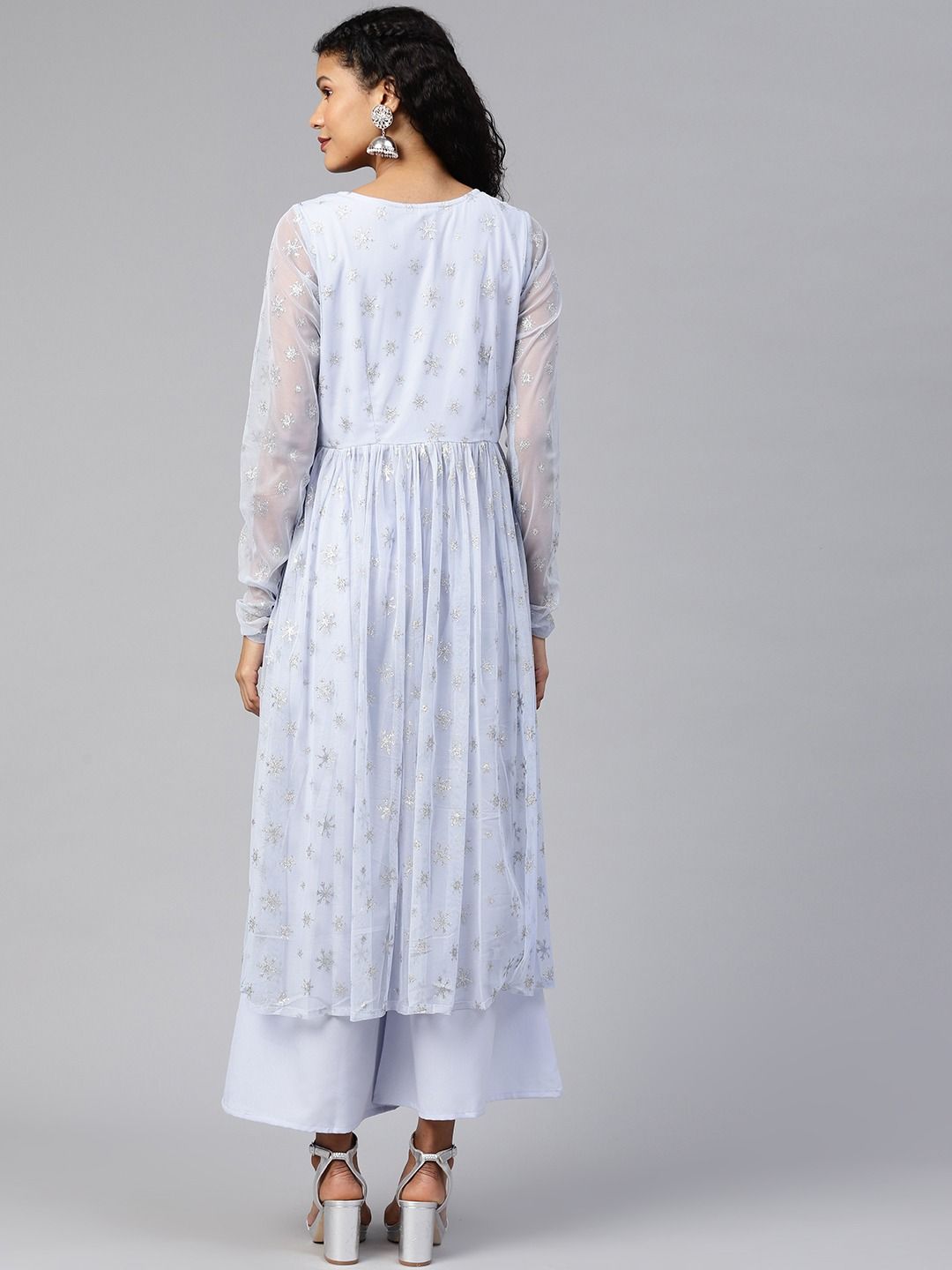 Blue Net Silver Glitter Printed Kurta Palazzo Set